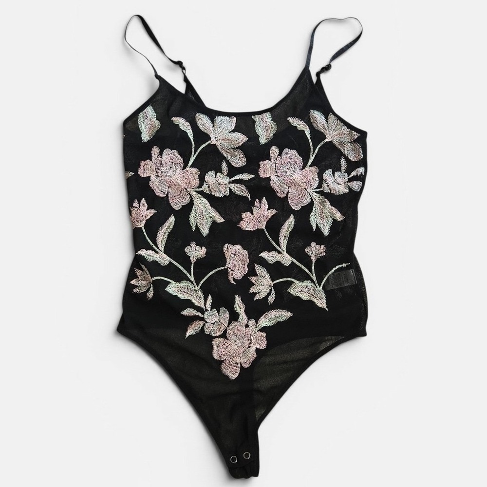 Express Womens Black Mesh Floral Embroidered Bodysuit Thong Small Sheer